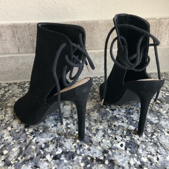 Open toe lace up back black faux suede heels - Picture 3 of 7